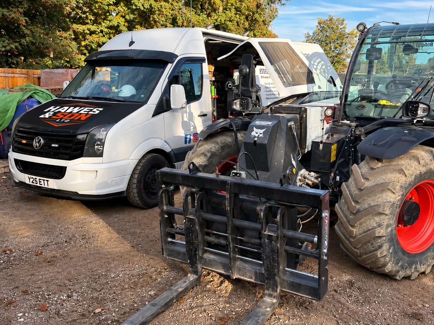 Hawes & Son service van alongside Bobcat telehandler during mobile plant work